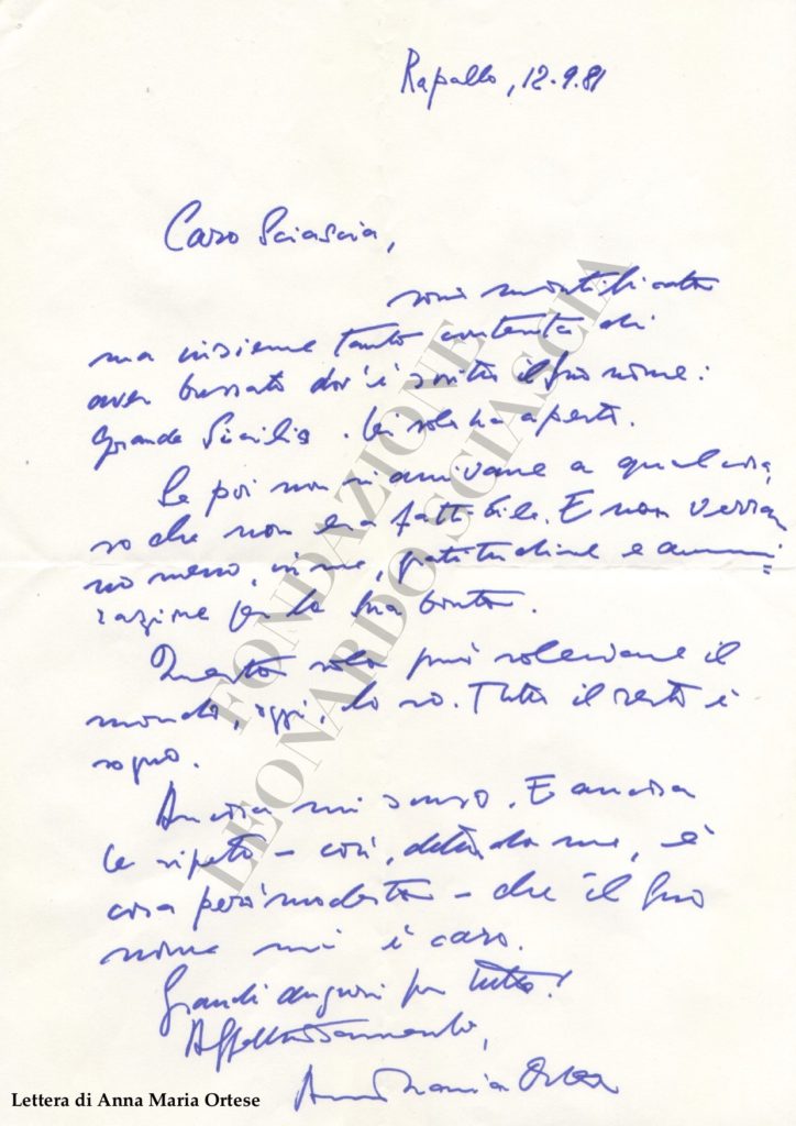Lettera di Anna Maria Ortese a Leonardo Sciascia