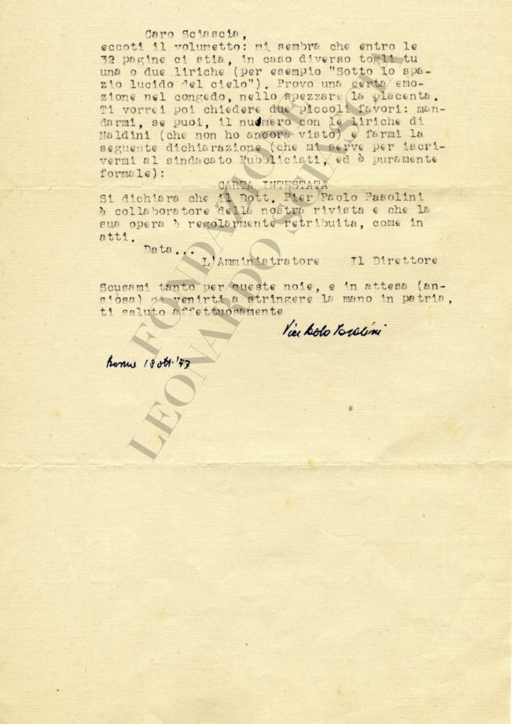 Lettera di Pier Paolo Pasolini a Leonardo Sciascia